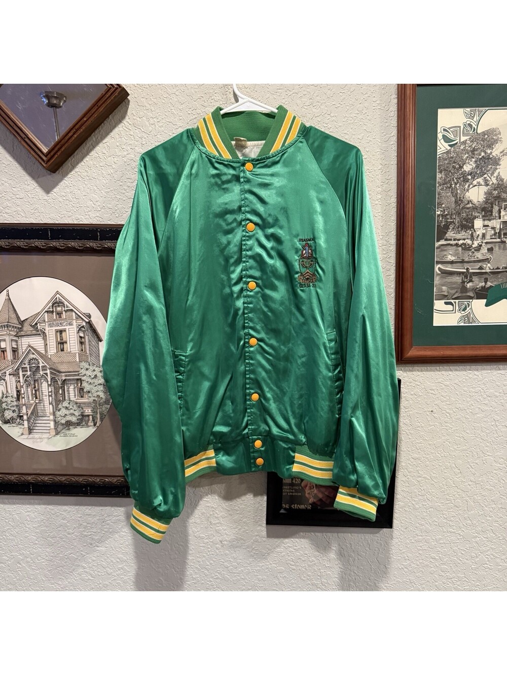 Vintage 90s‎ RARE USASMA Class 21 Green And Yellow Bomber Jacket Size Large